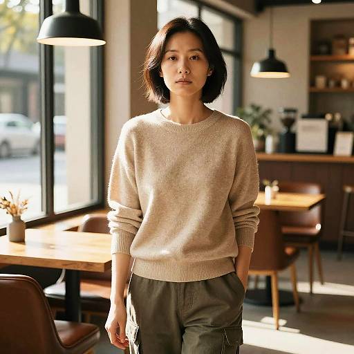 Photograph of an Asian woman with shoulder-length black hair, wearing a beige sweater and green pants, standing in a sunlit, modern café.