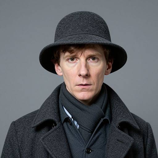 Photograph of a fair-skinned, brown-haired man wearing a black wool hat, black coat, and black scarf against a gray background.