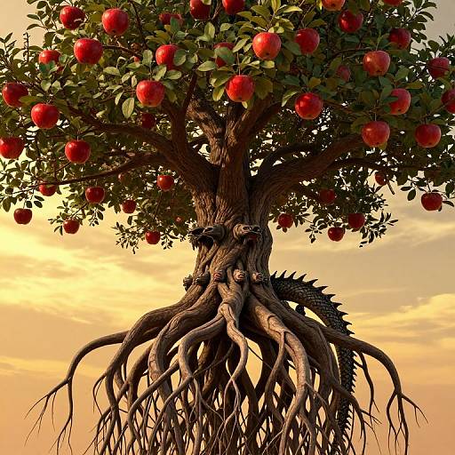 Photorealistic CGI of a tree with red apples, gnarled, twisted roots, and a dragon-like creature intertwined among the roots, set against