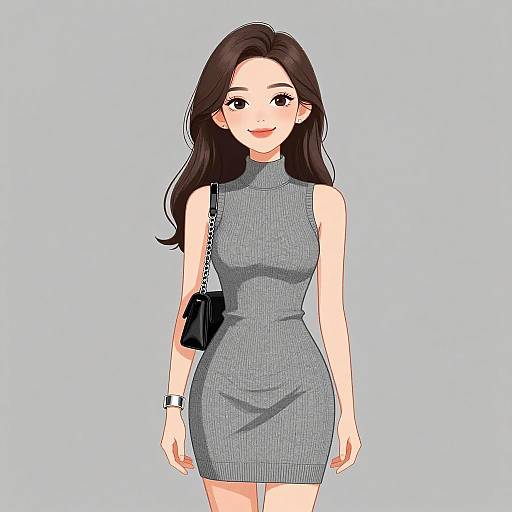 Digital anime-style drawing of a smiling Asian woman with long brown hair, wearing a tight gray sleeveless dress, black wristwatch, and small black purse
