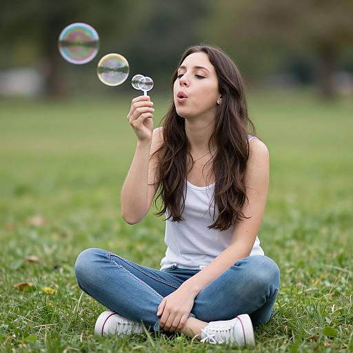 Photograph of a young woman with long dark hair, wearing a white tank top and blue jeans, sitting on grass blowing bubbles outdoors.