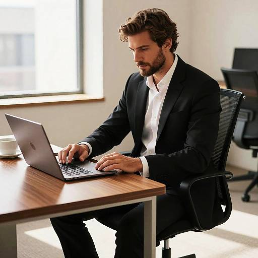 Photograph of a handsome, bearded man in a black suit and white shirt, typing on a laptop at a wooden desk in a sunlit office