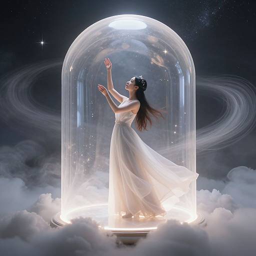 Digital art of a woman in a flowing white dress, inside a glowing, transparent dome, floating on clouds, with starry night sky background. She