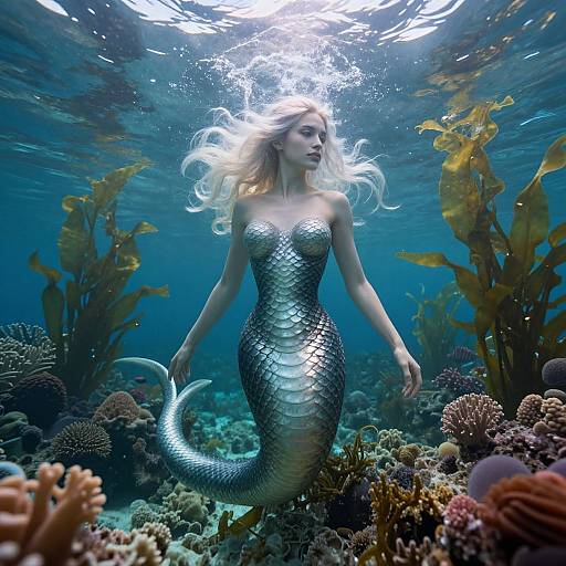 Photograph of a silver mermaid with flowing blonde hair, surrounded by underwater coral and seaweed, illuminated by sunlight above.