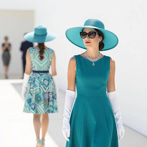 Elegant woman in teal dress with large hat and white gloves