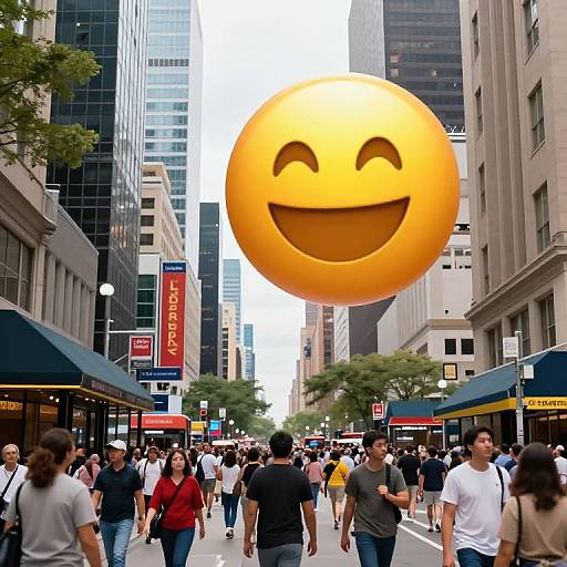 Photograph of a busy city street with a large, yellow, smiling emoji balloon hovering above pedestrians amidst tall buildings.