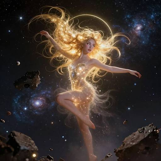 Digital art of a glowing, blonde-haired woman with ethereal, golden hair dancing in space, surrounded by stars and cosmic dust.