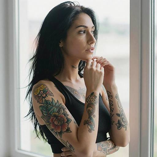 Tattooed Woman by Window in Daylight