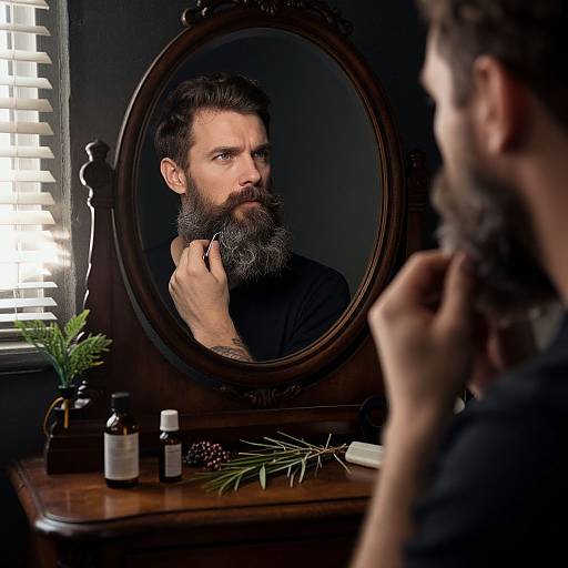 Photograph of a bearded man with dark hair, standing before an ornate oval mirror, adjusting his beard, in a dimly lit room with