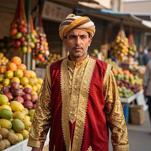 Photograph of a middle-aged South Asian man with a serious expression, wearing a gold-embroidered red kurta and yellow-striped turban,