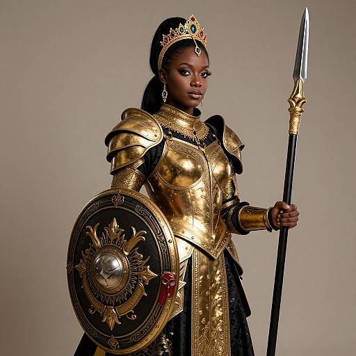Photograph of a regal African woman in golden armor, crown, holding spear and shield, standing against a neutral background.