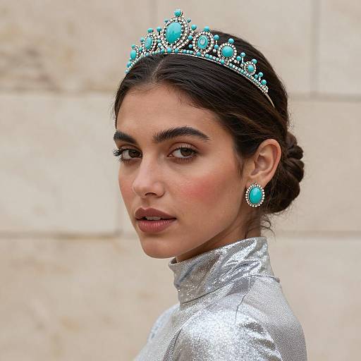 Woman Wearing Turquoise Tiara and Earrings