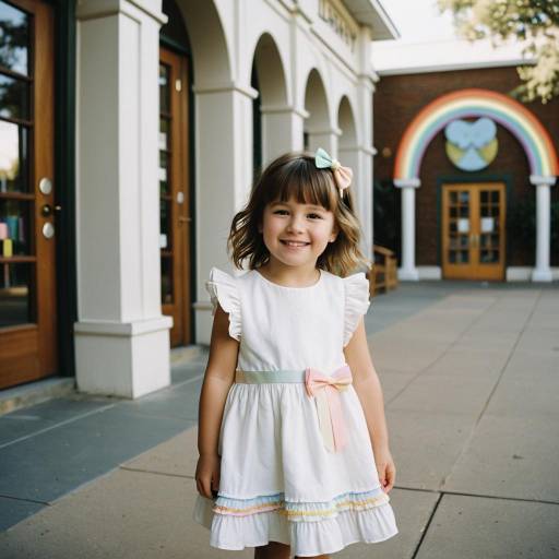 Smiling Toddler Girl in White Dress Outside Children's Library