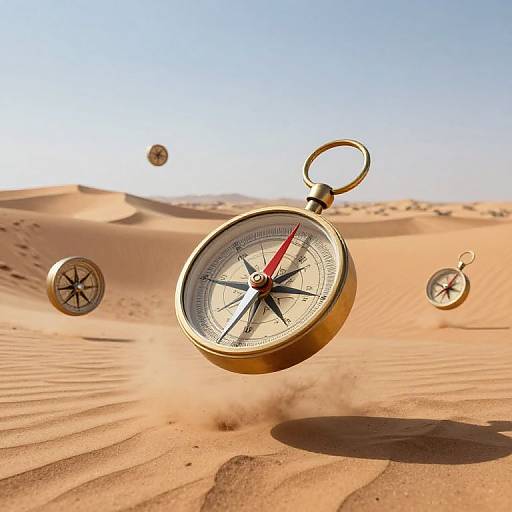 CGI image of gold compasses floating in a sunlit, sandy desert with rippled sand dunes and clear blue sky. Compasses have black