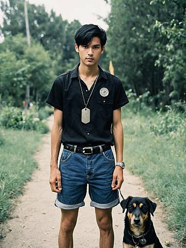 Young Asian man with short black hair, wearing black shirt, denim shorts, dog tags, and dog collar, stands on dirt path with black and brown