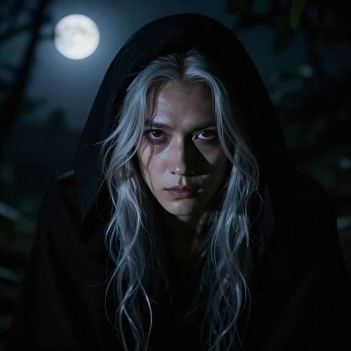 Photograph of a pale, intense-eyed woman with long, silver hair, wearing a dark hood, illuminated by a full moon in a shadowy forest