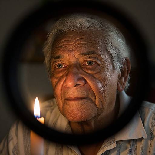 Photograph of an elderly man with wrinkled skin, gray hair, and warm orange lighting, viewed through a circular black frame with a candle flame in