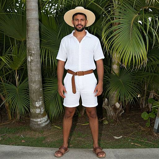 Photograph of a smiling, bearded man with medium brown skin, wearing a white shirt, shorts, brown belt, straw hat, and sandals,