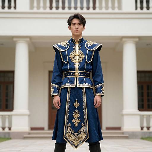 Photograph of an East Asian man in a detailed, royal blue and gold traditional military uniform standing in front of a white, colonnaded building.