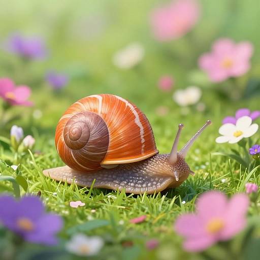 Photograph of a brown and orange spiral-snailed garden slug on vibrant green grass, surrounded by colorful, out-of-focus flowers in a sunny meadow
