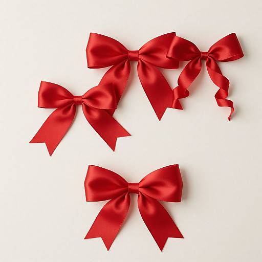 Photograph of four red satin bows with shiny, smooth textures, evenly spaced on a plain white background.