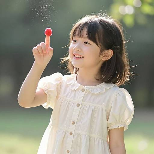 Photograph of a smiling Asian girl with black hair, wearing a white short-sleeved dress, holding a red bubble wand outside.