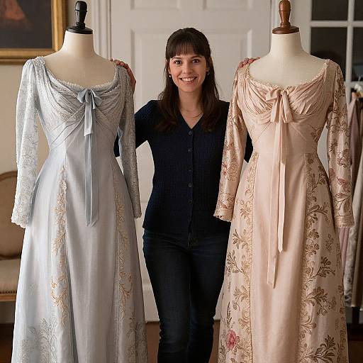 Photograph of a smiling woman in black shirt, standing between two mannequins displaying elegant, long-sleeved satin dresses with floral embroidery.