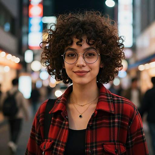 Photograph of a curly-haired woman with glasses, wearing a red plaid shirt and black top, smiling in a brightly lit urban street at night.