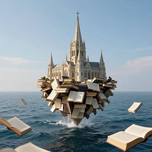 Levitating Cathedral Above Book Ocean