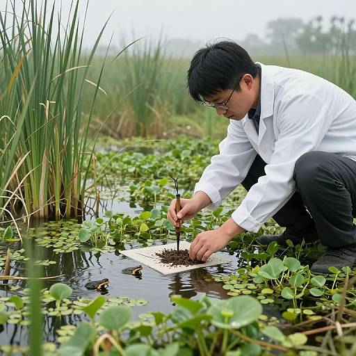 Asian man in white shirt and black pants crouches by waterlogged field, planting lily pads with notebook in hand. Dense reeds in background