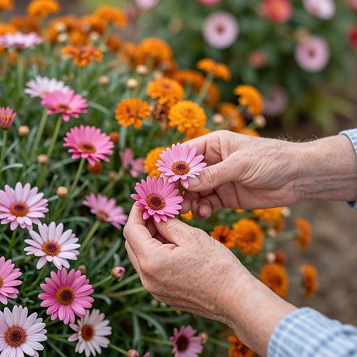 Photograph of elderly hands holding a pink daisy among vibrant orange marigolds and pink daisies, wearing a blue and white checkered shirt