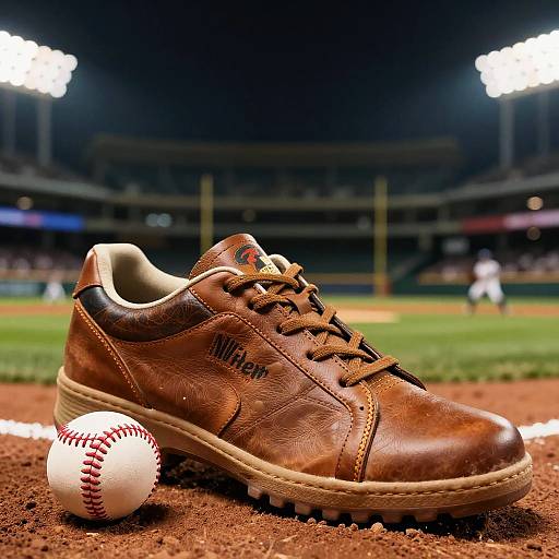 Photograph of a brown leather baseball shoe with worn texture, laces, and tan sole, beside a white and red baseball on a dirt infield,