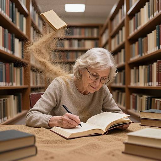 Photograph of an elderly white woman with short white hair and glasses, writing in an open book in a library, with a floating book and dust trail