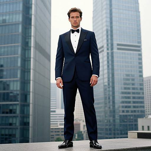Photograph of a handsome man in a black tuxedo with bow tie, standing confidently on a rooftop against a cityscape of tall, modern skys
