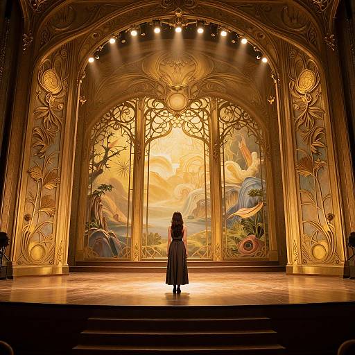 Photograph of a solitary figure in a long black dress standing on a stage with an ornate, golden, archway backdrop featuring intricate, glowing,