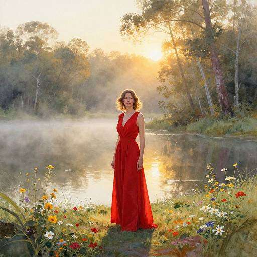 Photograph of a woman in a red dress standing by a misty lake at sunset, surrounded by colorful wildflowers and trees.