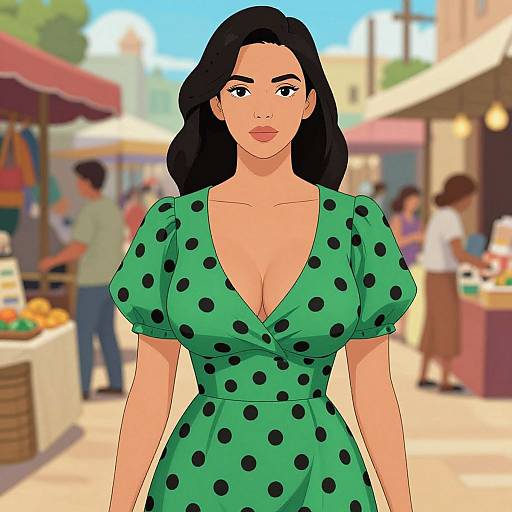 Digital illustration of a curvy woman with fair skin and black hair, wearing a green polka dot dress with a deep neckline, standing in a sunny