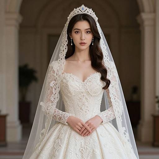 Photograph of a beautiful Asian bride in a white lace wedding dress and veil, standing in an arched, dimly-lit hall.