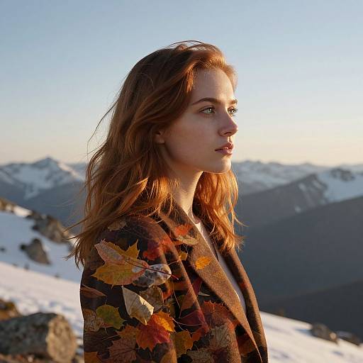 Photograph of a fair-skinned, red-haired woman with wavy hair, wearing a dark jacket adorned with autumn leaves, standing in a snowy mountain