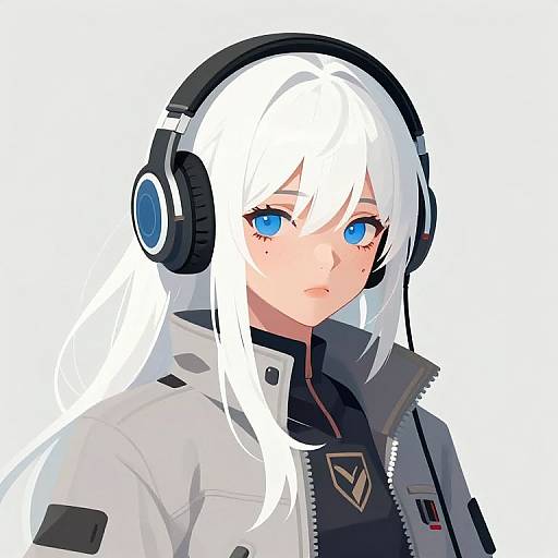 Digital anime-style portrait of a white-haired girl with blue eyes, wearing black headphones and a white jacket with a black collar.