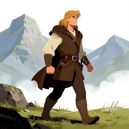 Naïve Art Style Ranger Walking in Mountains