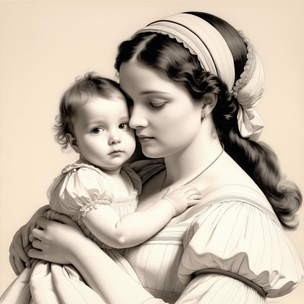 Tender Mother and Child Pencil Portrait