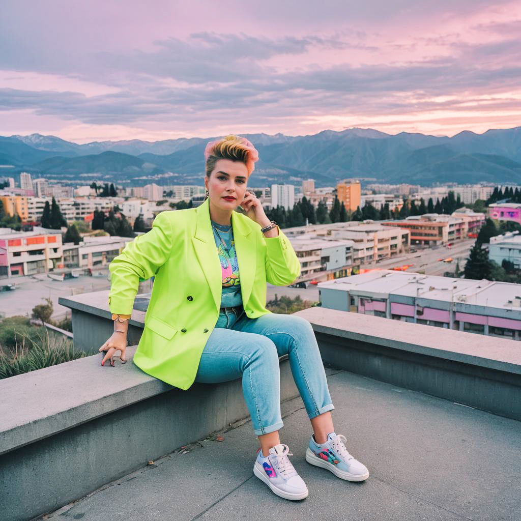 Retro 80s Fashion with Mountain Background