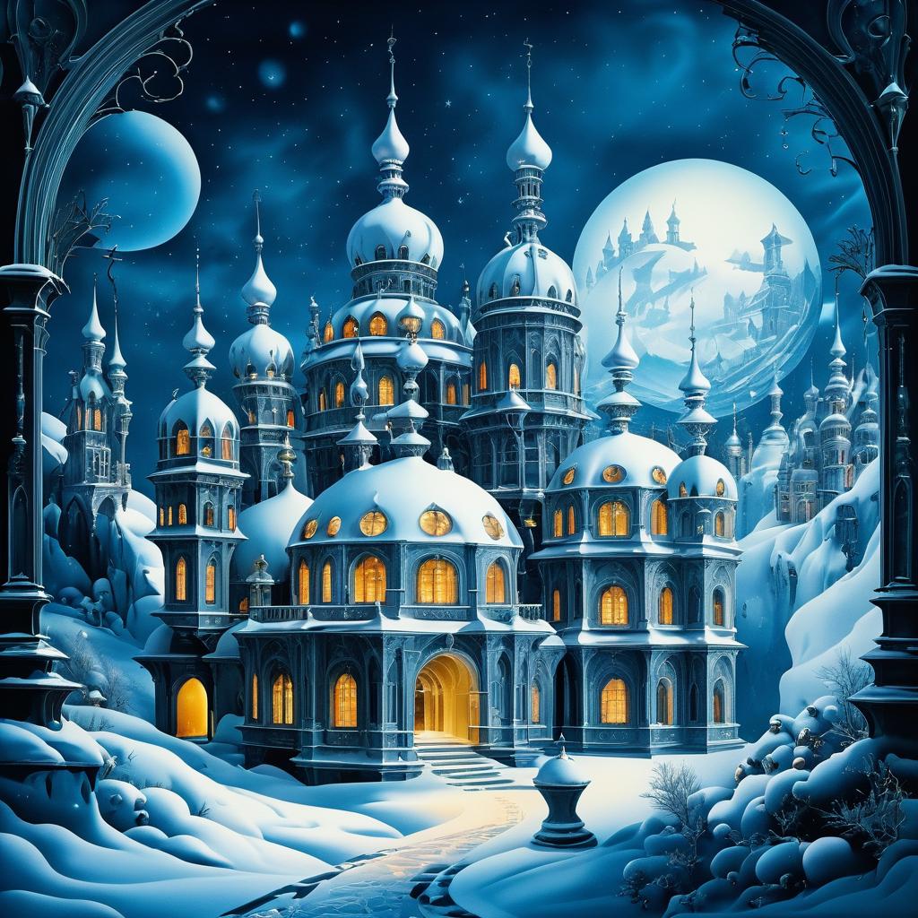 Surreal Snow-Covered Castle Chromolithograph