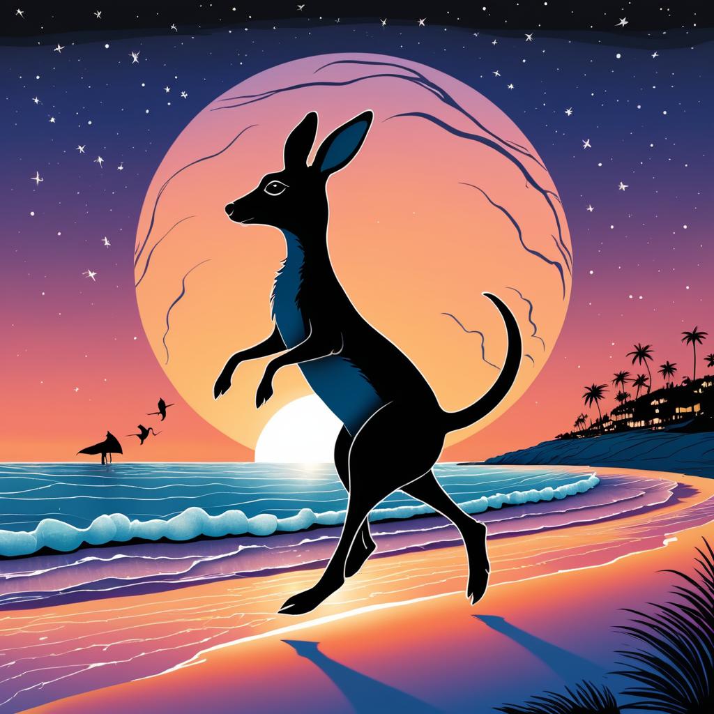 Whimsical Kangaroo at Moonlit Beach