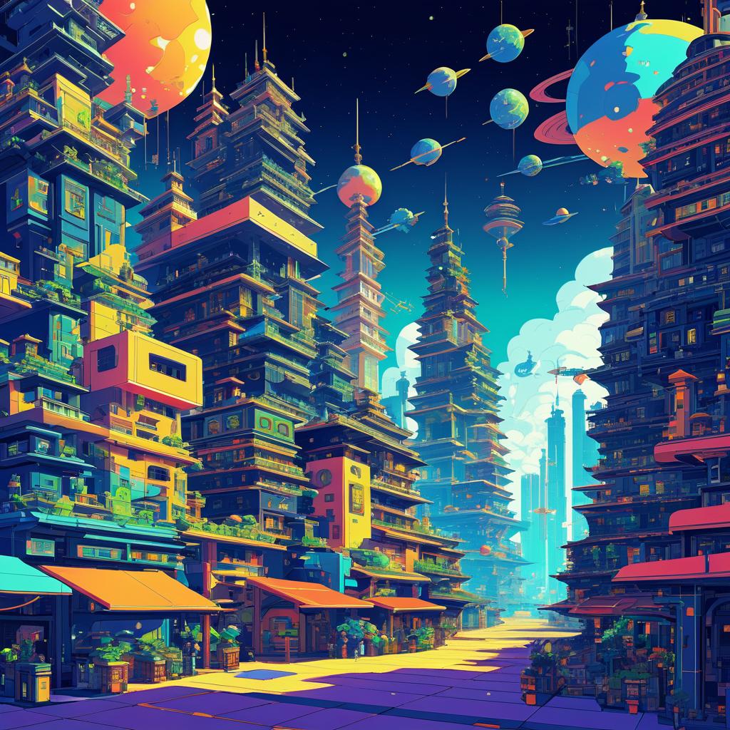 Vibrant 2D Port Town in Space