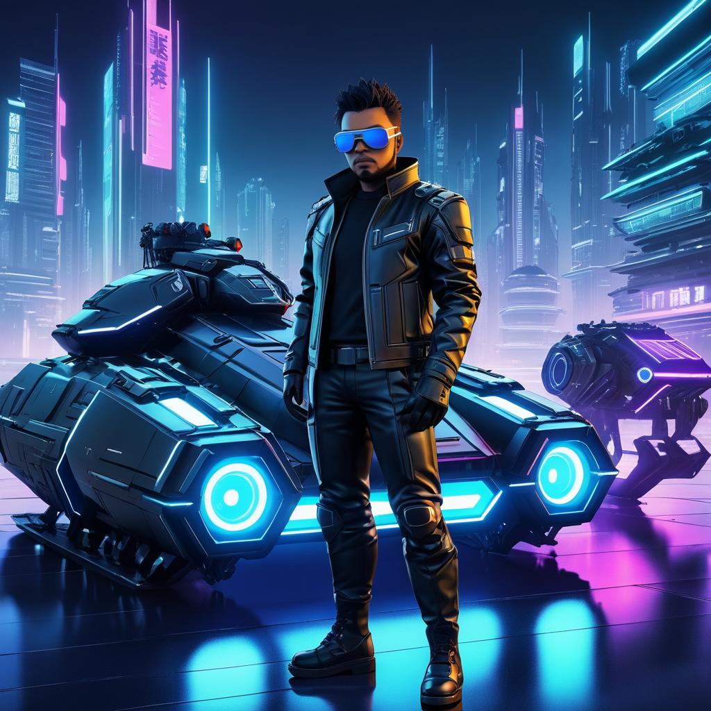 Cybernetic Bounty Hunter in Neon City