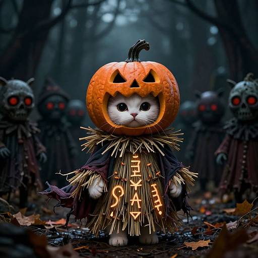 Digital artwork: Adorable white cat in carved pumpkin helmet, 