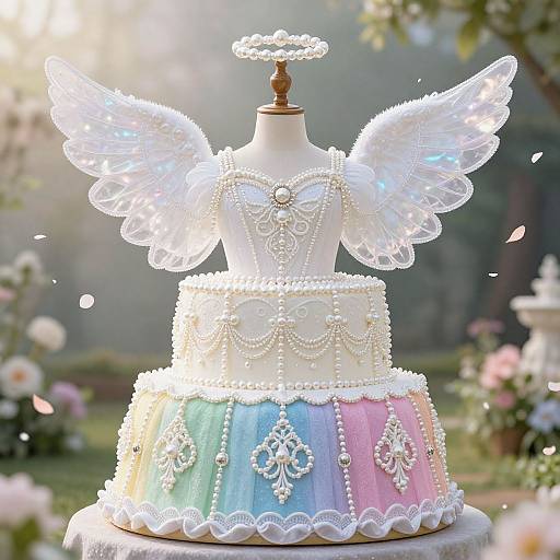 Photorealistic digital image of a three-tiered, angel-themed cake with white lace wings, pearl accents, and pastel colors, displayed outdoors amidst