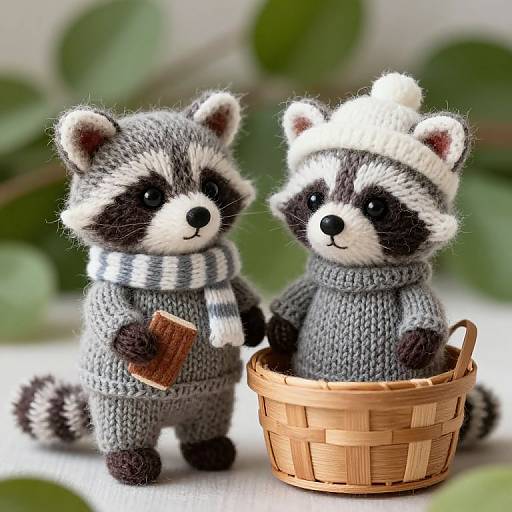 Photograph of two adorable, hand-knitted raccoon dolls in grey sweaters, white beanies, and scarves, one holding a chocolate